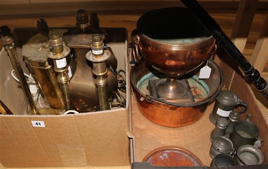 A pair brass candlestick table lamps, brass vase shaped table lamp, a copper preserve pan and three pewter items
